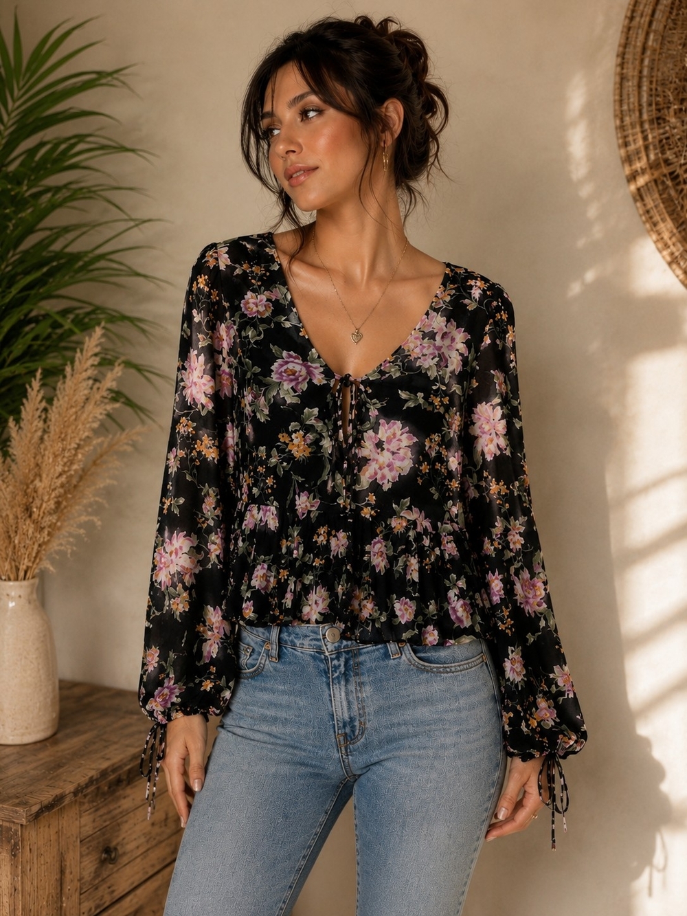 American Eagle Outfitters Black Floral Tie-Front Blouse